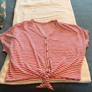 a.n.a Pink and White Striped Button Down Short Sleeve Shirt Large